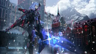 Cyberpunk girl in a snowy city