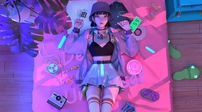 Cyberpunk girl laying on a pink bed surrounded by 90s accessories