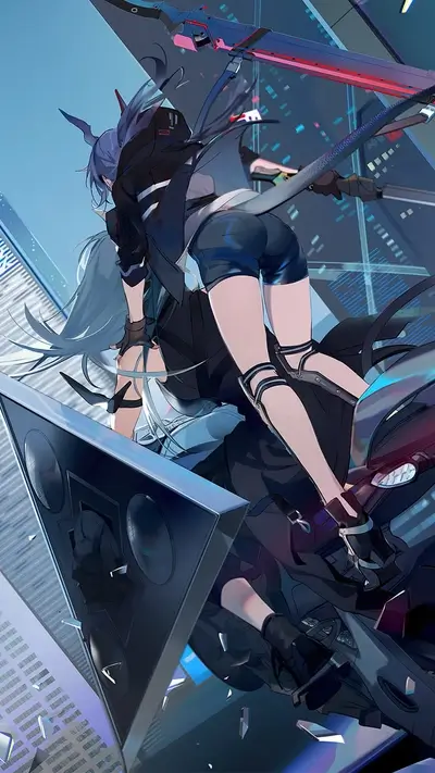 Cyberpunk girl on futuristic motorcycle, stylish outfit, city backdrop