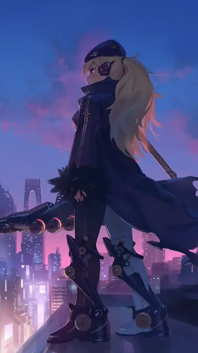 Cyberpunk girl with gun standing on rooftop