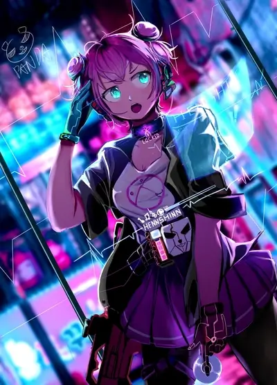 Cyberpunk girl with headphones and futuristic weapons