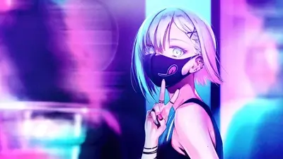 Cyberpunk girl with mask peace sign