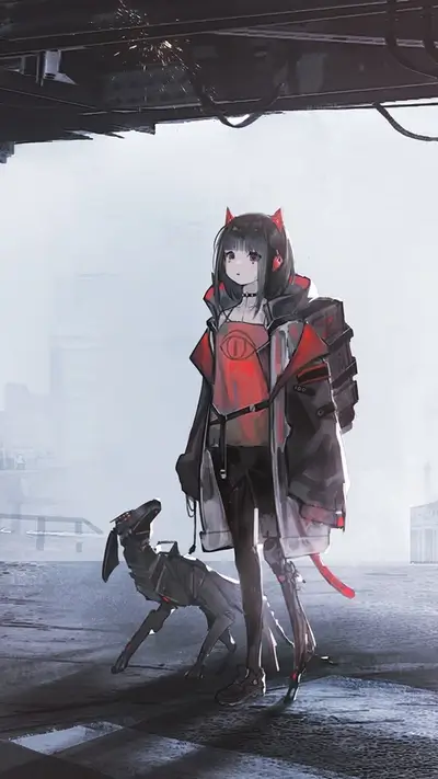 Cyberpunk girl with robotic dog standing in futuristic, dystopian city, with striking red accents