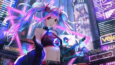 Cyberpunk girl with vibrant hair and futuristic weaponry