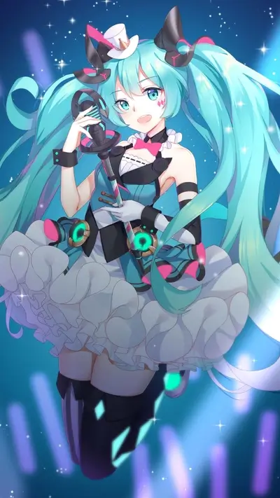 Cyberpunk idol vocalist with teal hair, performing under the spotlight