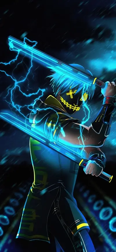 Cyberpunk warrior wielding glowing blue blades