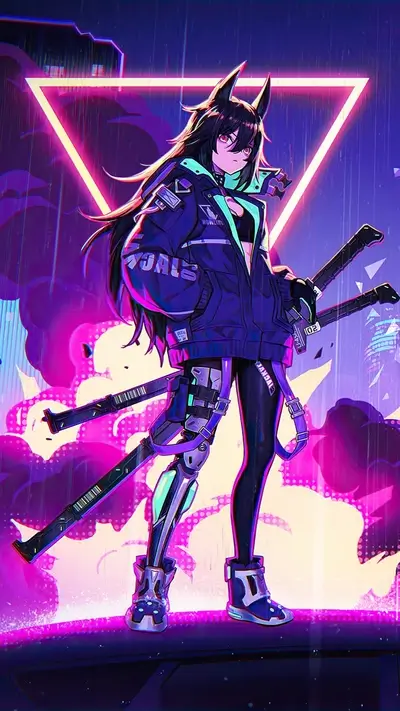 Cyberpunk warrior with katana, glowing neon triangle backdrop
