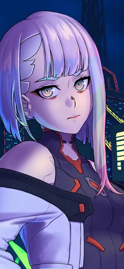 Cyberpunk woman with futuristic clothes, white hair, and fair skin tone