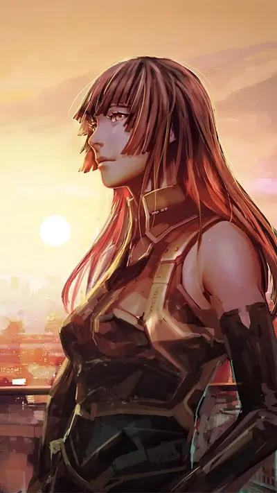 Cyberpunk woman with orange hair, cityscape, futuristic outfit, sunset in a painted style