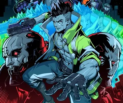 Cyberpunk world: grey-skinned character posing with guns and futuristic robots