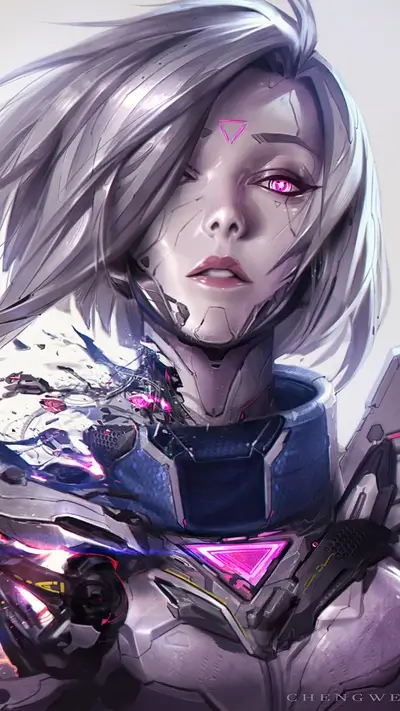 Cyborg girl with white hair and pink accents