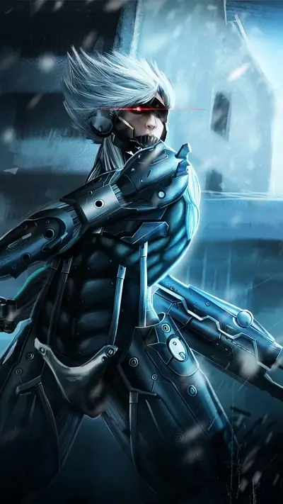 Cyborg in futuristic setting, snow falling