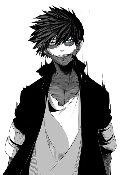 Dabi from My Hero Academia with scars and piercing blue eyes in black and white