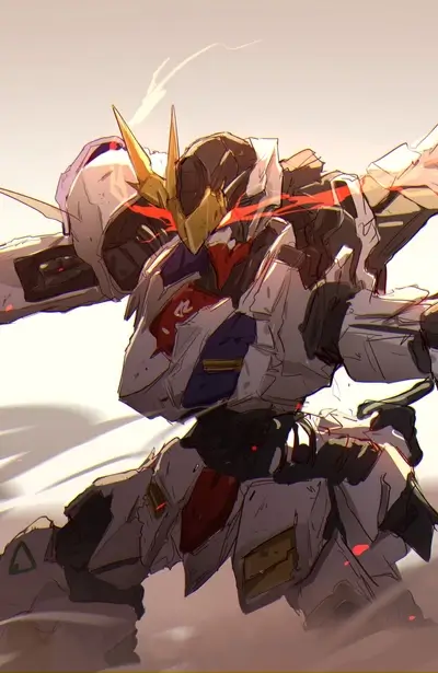 Damaged mecha robot in action, dynamic pose