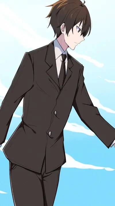 Dapperly suited, stylishly groomed anime boy stands against clear sky background.
