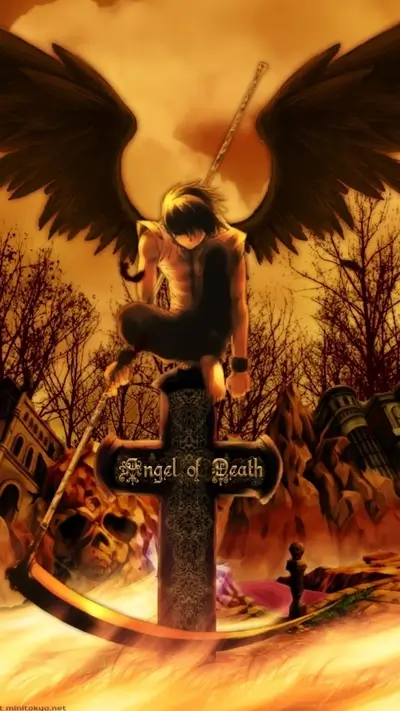 Dark angel sitting atop cross, scythe rests nearby
