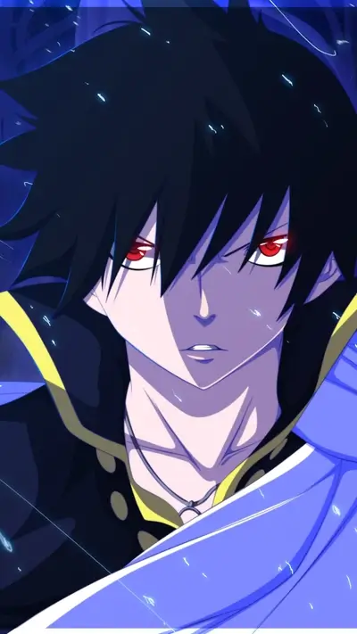 Dark anime character close-up, intense red eyes, and deep blue shades