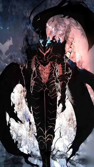 Dark armored figure stands powerfully, shrouded in shadow