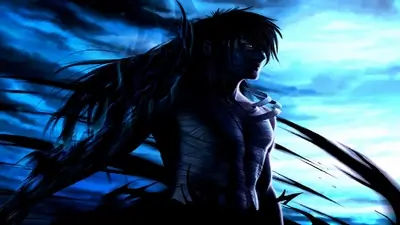 Dark character in final getsuga tenshou form against blue sky