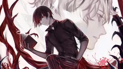 Dark character reads from book, ghostly figure behind, surrounded by red spider lilies
