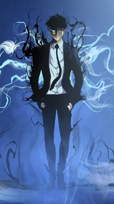 Dark-clothed figure engulfed in blue and black energy