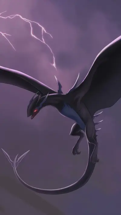 Dark dragon flying through a purple stormy sky