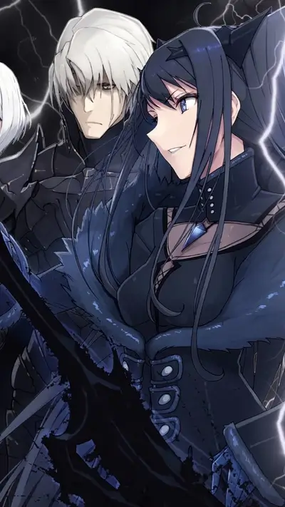 Dark fantasy characters, black-haired cat-eared woman, grey-haired man, dark armor, lightning