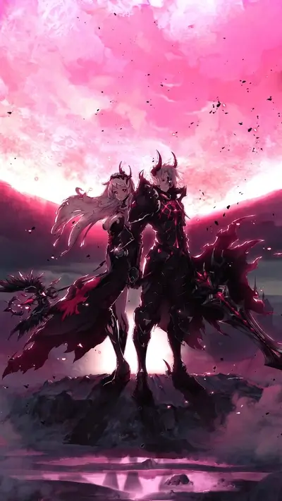 Dark fantasy couple standing on a rock