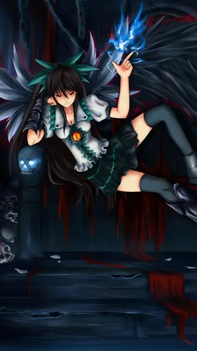 Dark fantasy girl with wings, holding blue flame