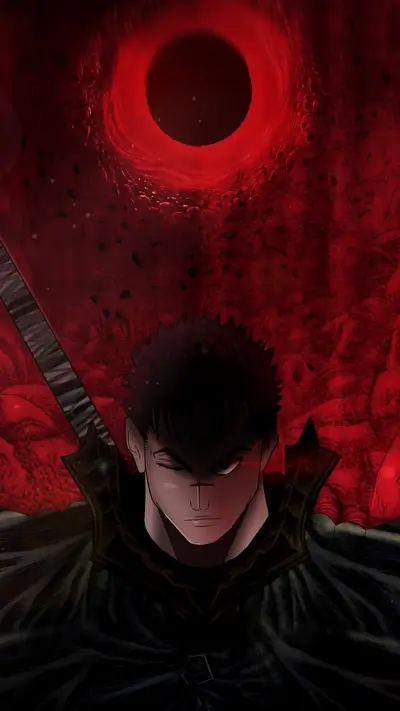 Dark fantasy warrior, red background, sword