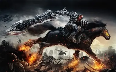 Dark fantasy warrior riding fiery horse through ruins