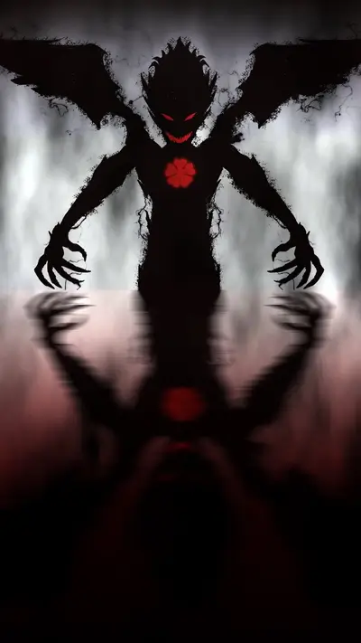 Dark figure with wings reflected in water