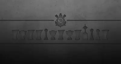 Dark grayscale image shows Corinthians logo and championship trophies