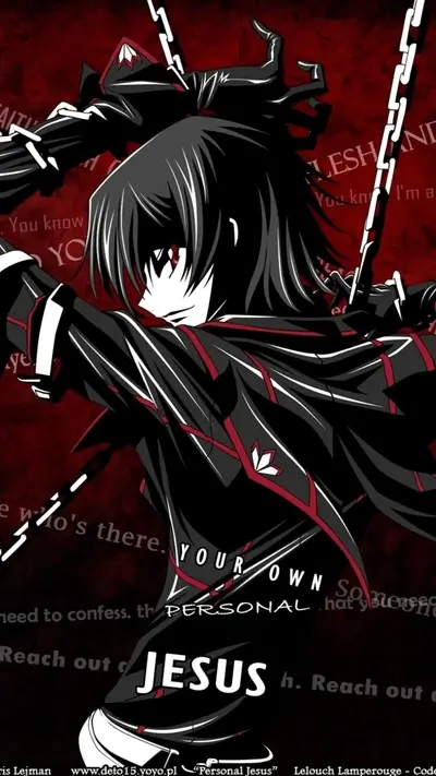 Dark-haired character wielding chains, red background.