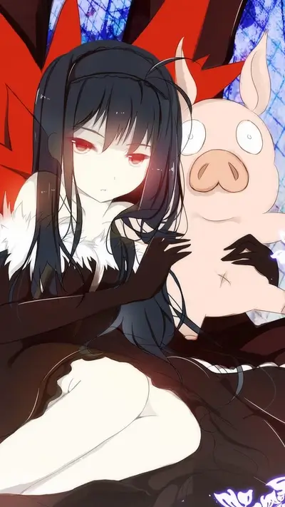 Dark-haired girl hugging a pig