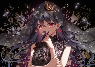 Dark-haired girl in black lace dress with butterflies