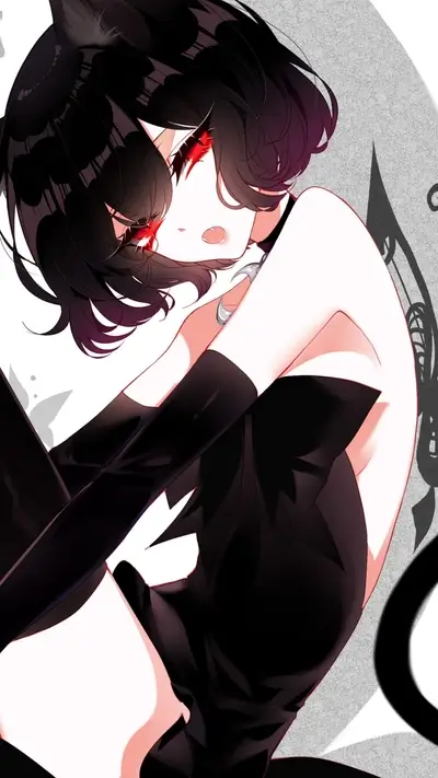 Dark-haired girl with cat ears, sharp eyes and choker