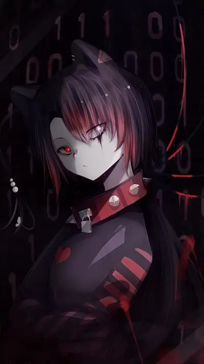 Dark-haired girl with red eyes and a collar