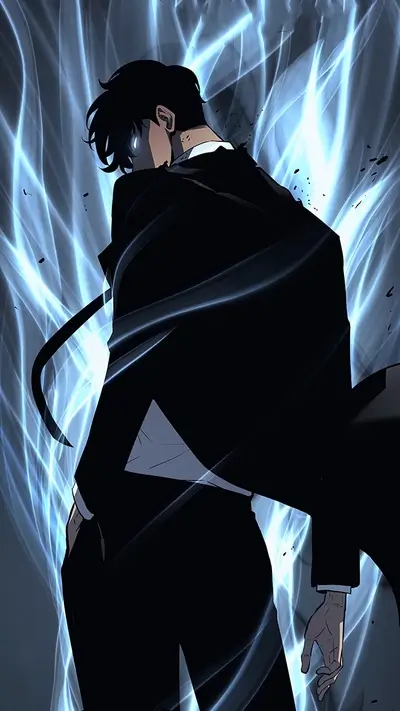 Dark-haired man in a suit, surrounded by blue energy