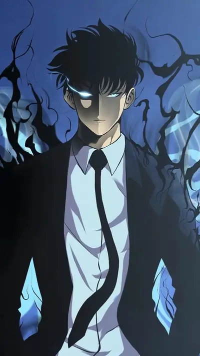Dark-haired man in suit, glowing eyes, dark tendrils