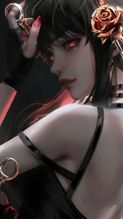 Dark-haired woman with glowing eyes holding a key