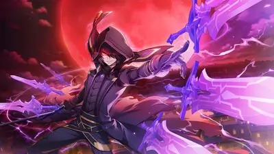 Dark hooded figure wielding purple swords