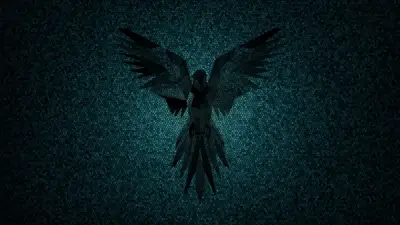 Dark mosaic bird wings spread