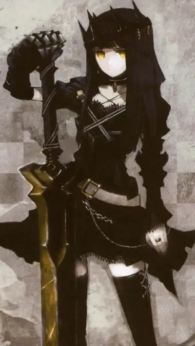 Dark queen with crown and golden eyes, holding a huge golden sword