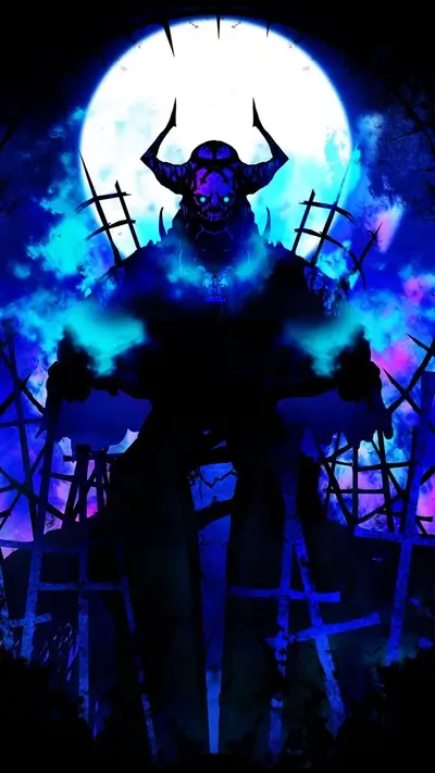 Dark silhouette of horned figure, glowing eyes, eerie graveyard with a full moon backdrop