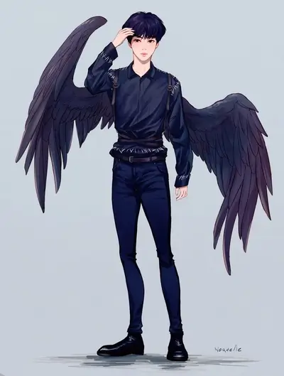 Dark-winged boy in stylish outfit