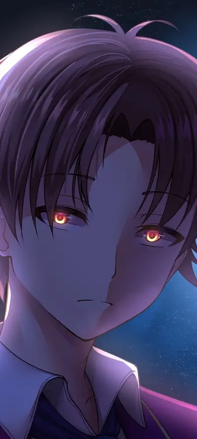 Darkly lit anime character with glowing orange eyes