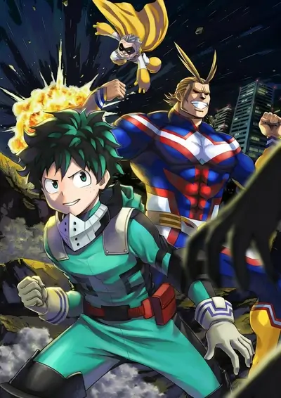 Deku, All Might, Gran Torino in action with an explosion