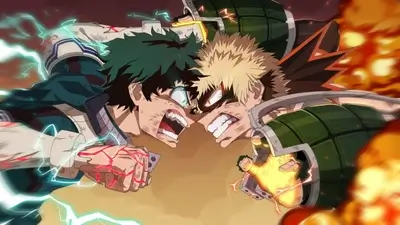 Deku and Bakugo clashing head-to-head during an intense battle
