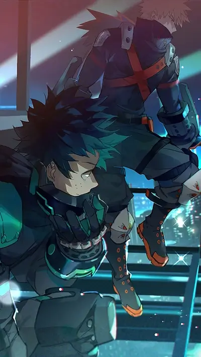 Deku and Bakugo in an intense moment, cityscape background.